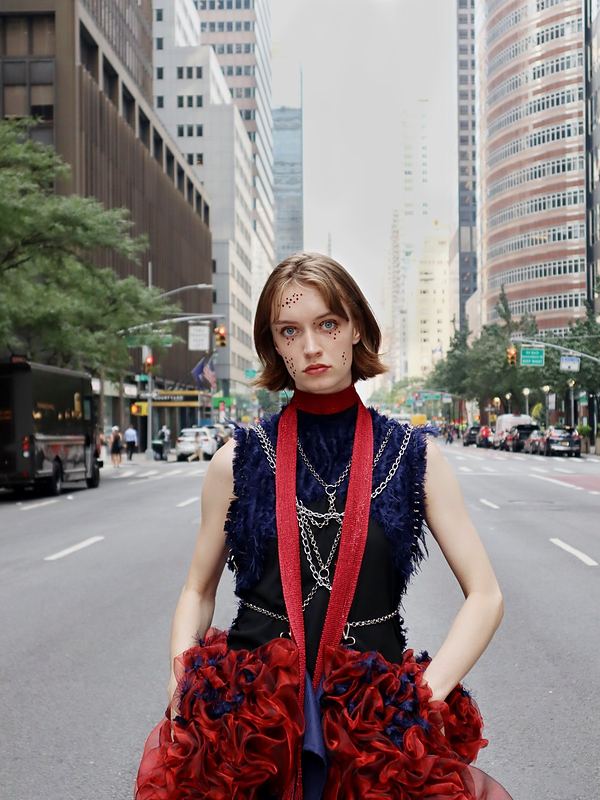 Ruffled gown on Park Avenue, shot in traffic. Available light.